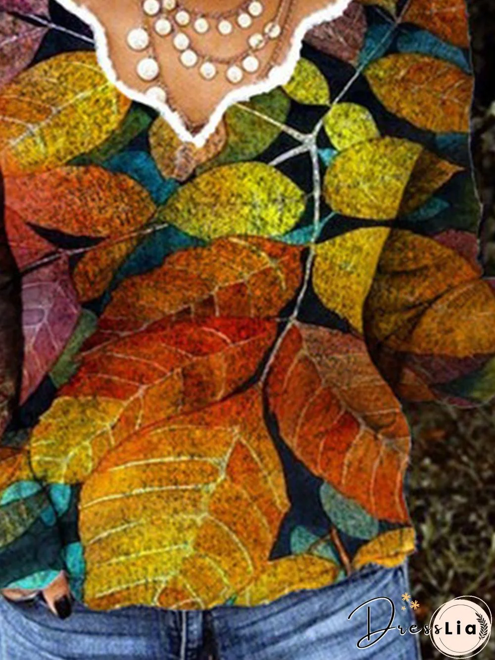 Multicolor Leaves Printed V Neck Long Sleeve Casual Tops