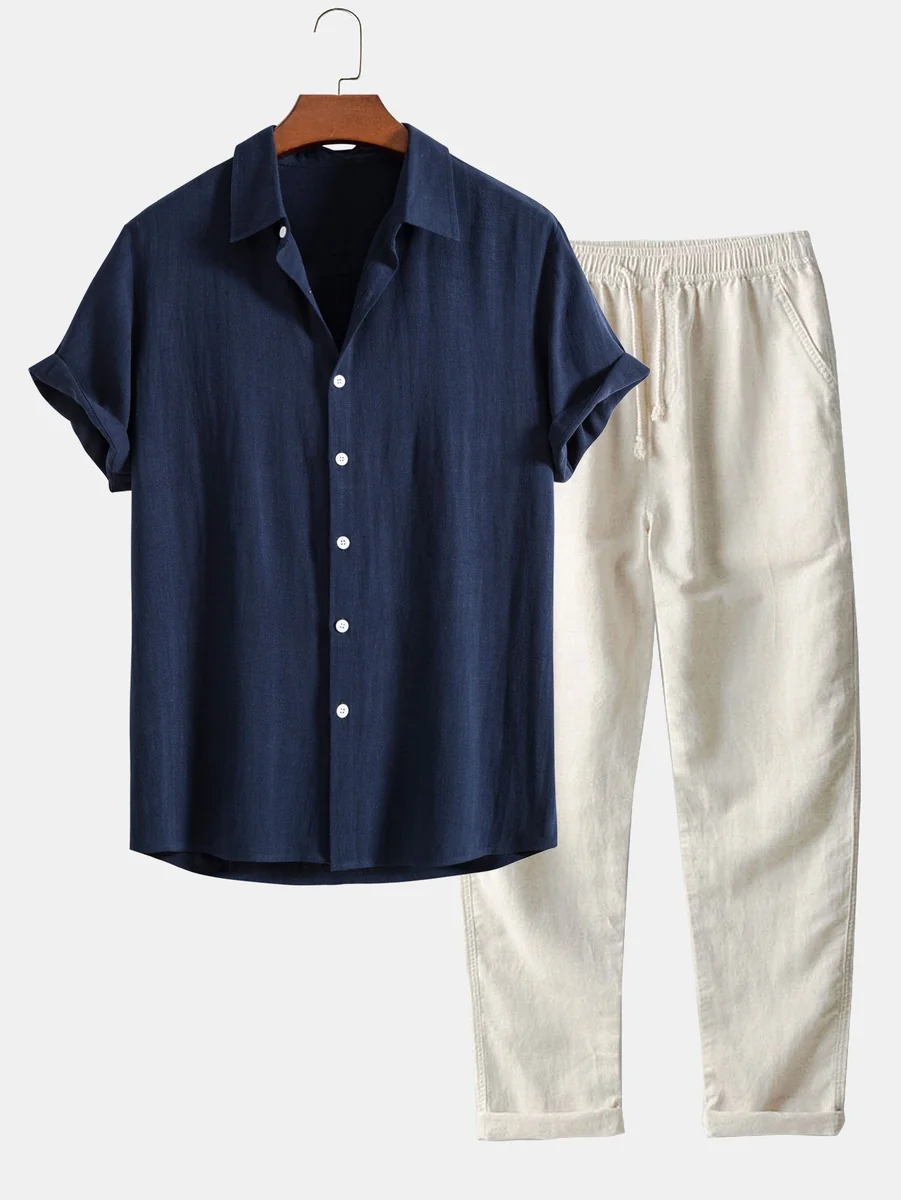 Geometric Jacquard Cuban Shirt and Straight-Leg Linen Pants