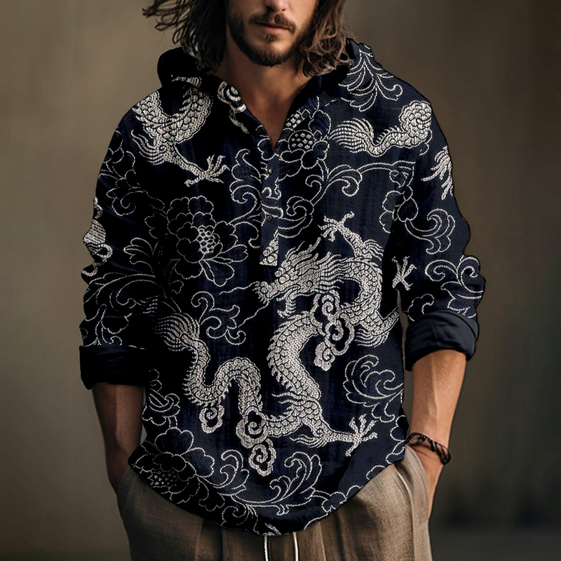 Men's Retro Traditional Dragon Art Linen Hooded Shirt  artssus