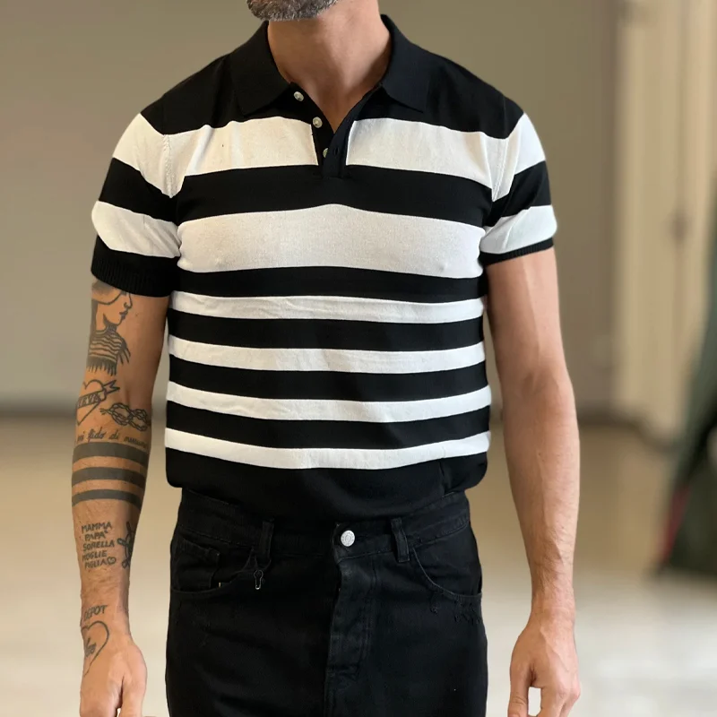 Vintage Classic Striped V-Neck Button-Down Short-Sleeved T-Shirt