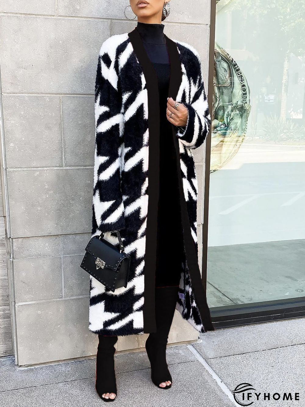 Loose Urban Houndstooth Long Sleeve Sweater Coat | IFYHOME