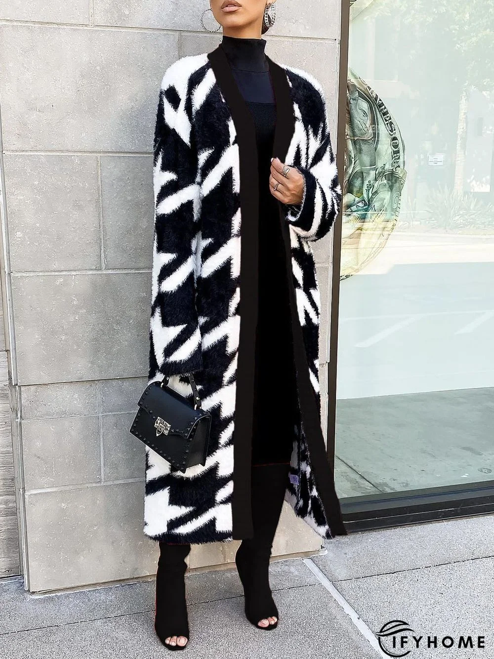Loose Urban Houndstooth Long Sleeve Sweater Coat | IFYHOME