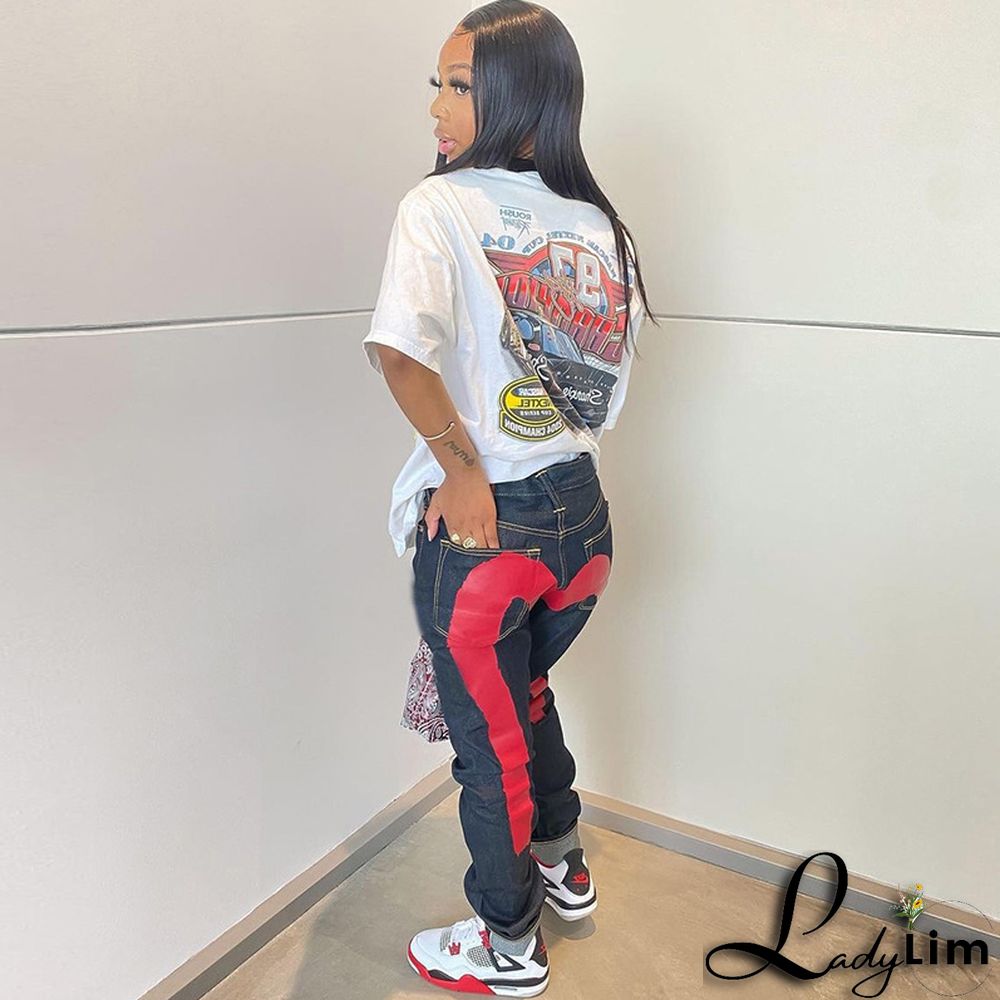 New Sexy Washed Print Personalized Straight Jeans