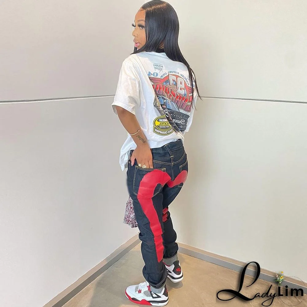 New Sexy Washed Print Personalized Straight Jeans