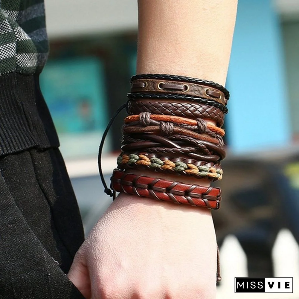 6pcs/set Vintage Punk Leather Bracelet Wristband Bangle Men Jewellery Gift