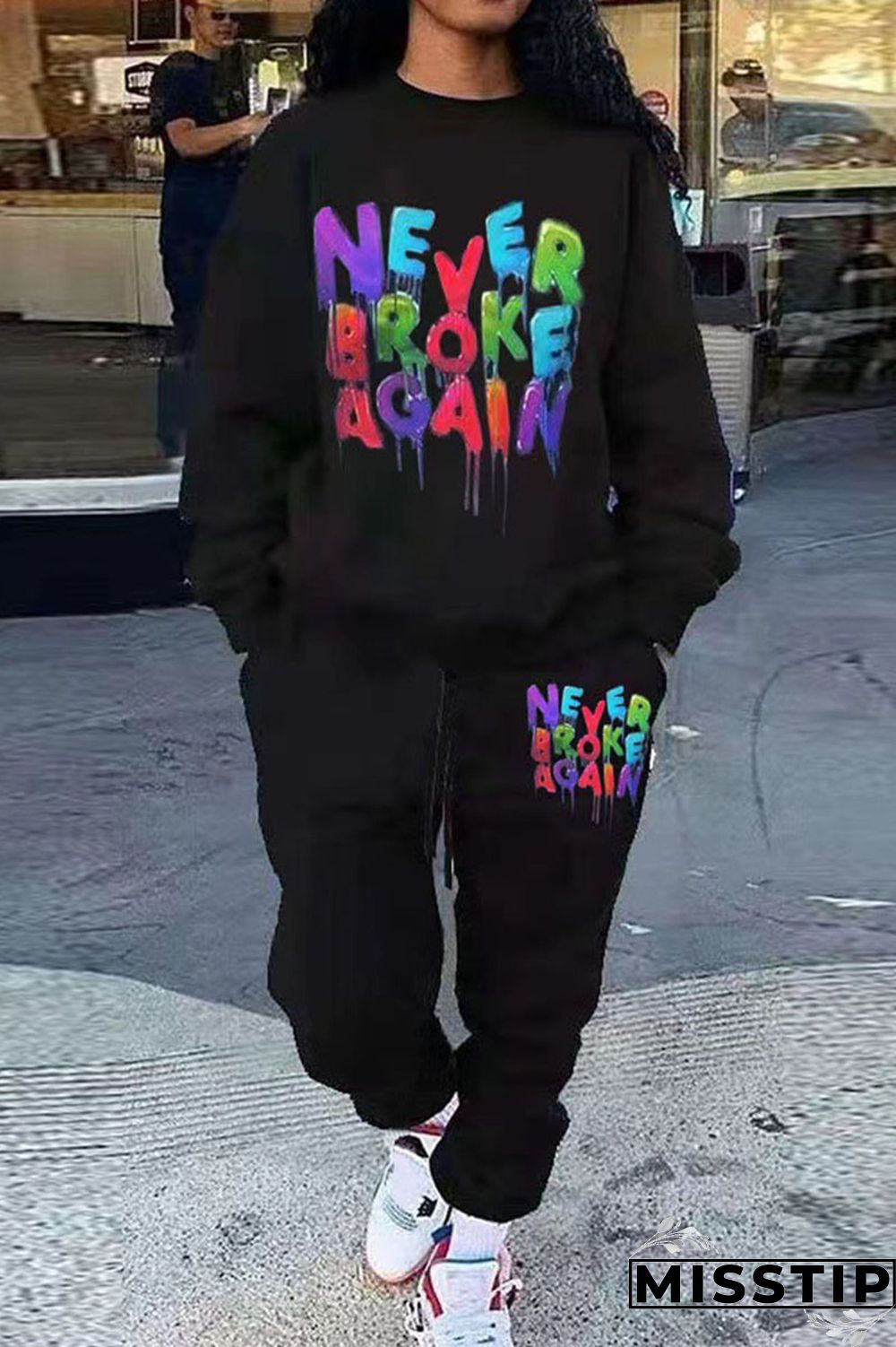 Black Casual Street Print Patchwork O Neck Long Sleeve Two Pieces