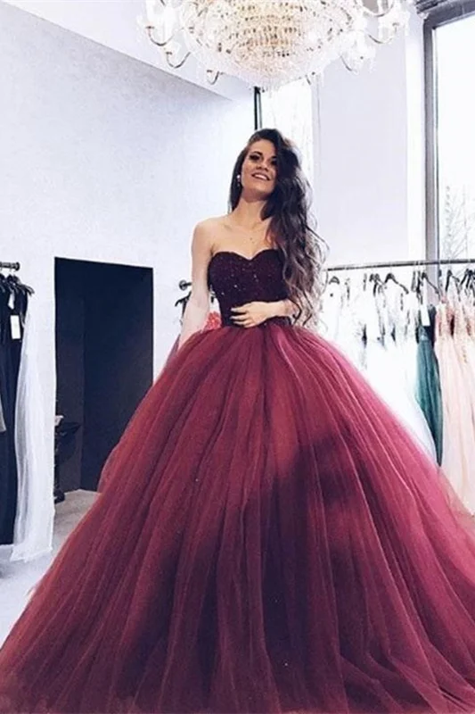 Bellasprom Burgundy Ball Gown Tulle Prom Dress Sequins Sweetheart