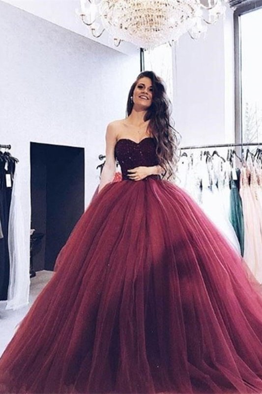 Chic Burgundy Sweetheart Ball Gown Tulle Prom Dress Sequins - lulusllly