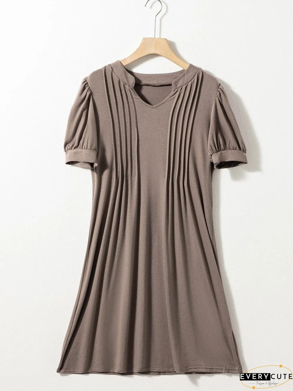 Desert Palm Pleated Notched Neck Puff Sleeve Shift Tee Dress