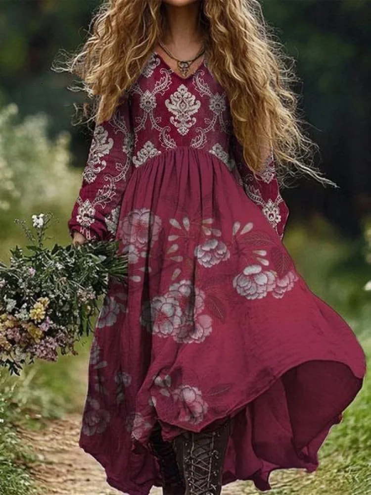 Rétro Boho Floral Art Print Vintage Chic col en V à manches longues Midi Dress