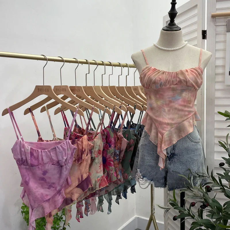 Nigikala Nigikala Shoot 辣tie Bra Irregular Sling Sling Vest Slimming Print Mesh Sleeveless Top 8950