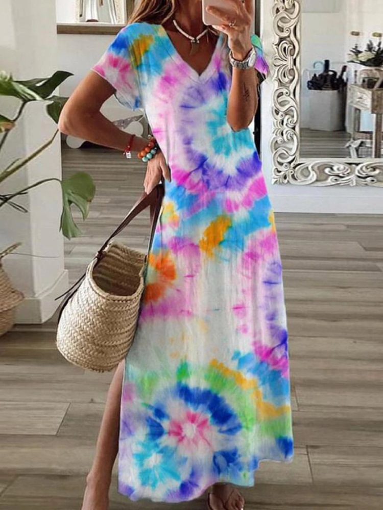 Trendy Tie Dye Print Thigh-High Side Slit Short Sleeve Maxi Dress P16038