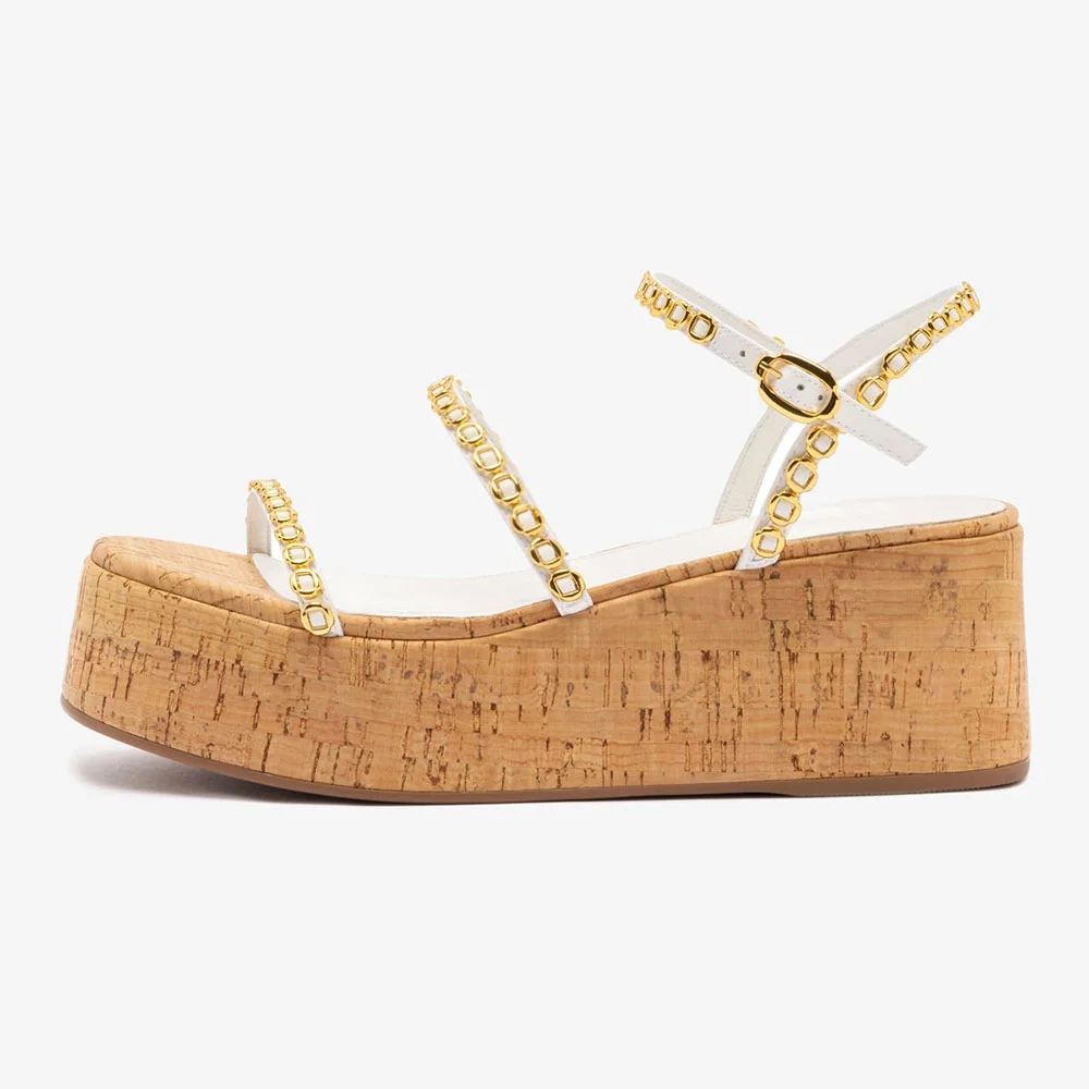 White Ankle Strap Wedge Heel Gold Hardware Platform Sandals for Women