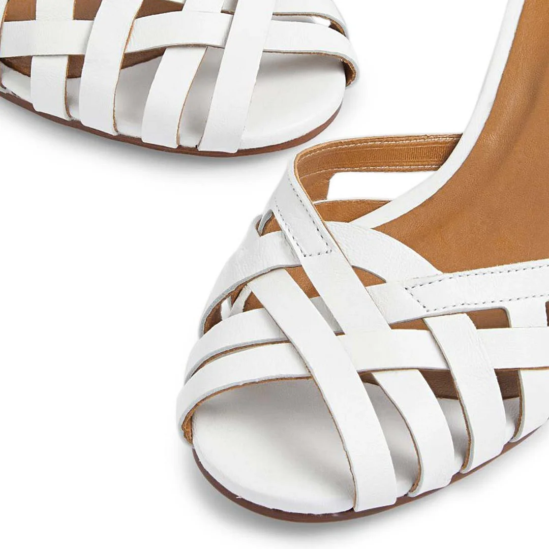 Simple White Peep Toe Woven Ankle Strap Women's Heel Sandals
