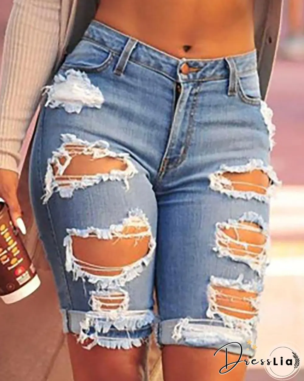 Ripped Cutout Casual Denim Shorts