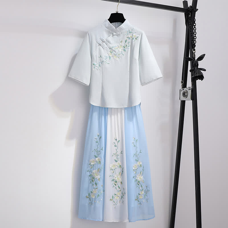 Vintage Hanfu Floral Embroidery Shirt Skirt Two Pieces Set