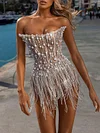 Bandeau Beaded Decorate Tasseled Backless See-Through Sexy Mini Dress