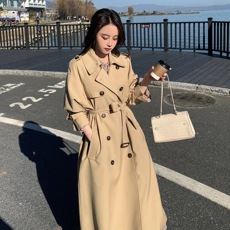 Brand New Korean Style Khaki Trench Coat for Women Double-Breasted Long Oversize Loose Duster Coat Lady Cloak Spring Autumn