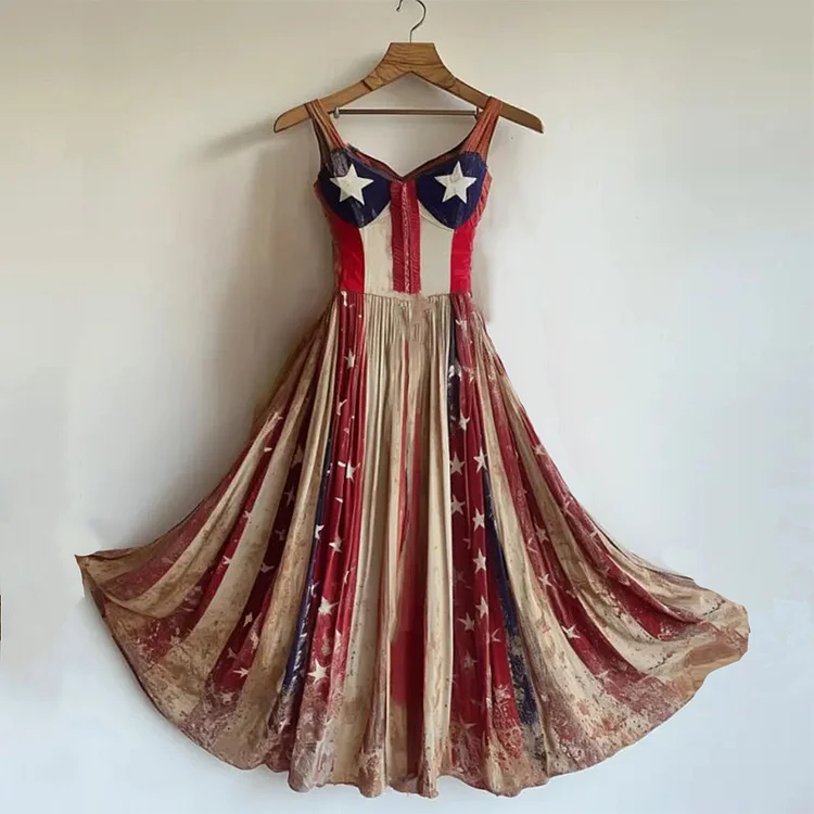 Women's Vintage Independence Day Flag Contrast Color Suspender Dress