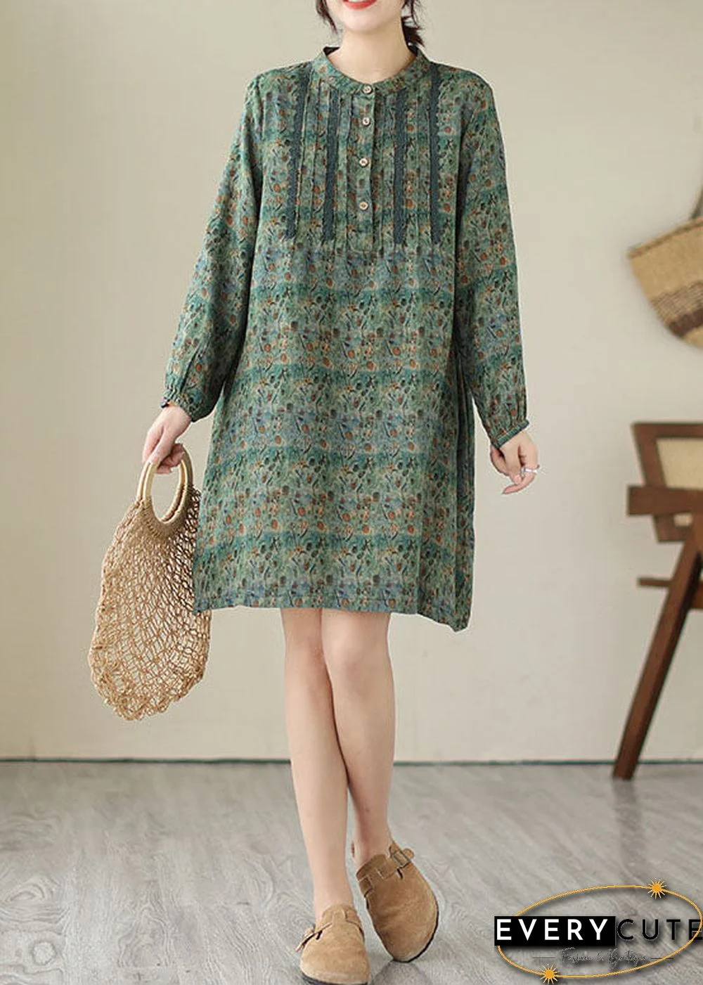 Green Patchwork Cotton Mid Shirts Dress Wrinkled Long Sleeve