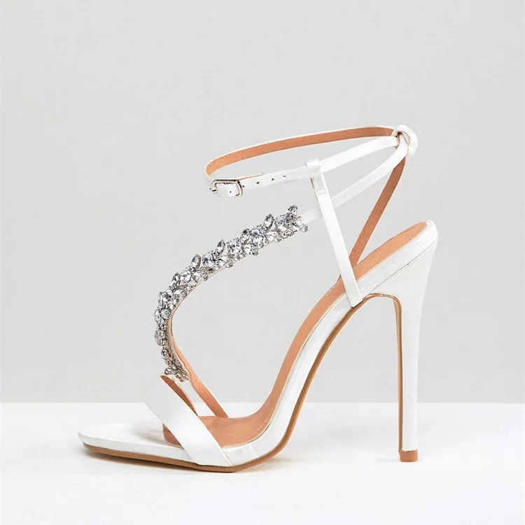 White Satin Bridal Sandals Open Toe Rhinestone Ankle Strap Heels |FSJ Shoes