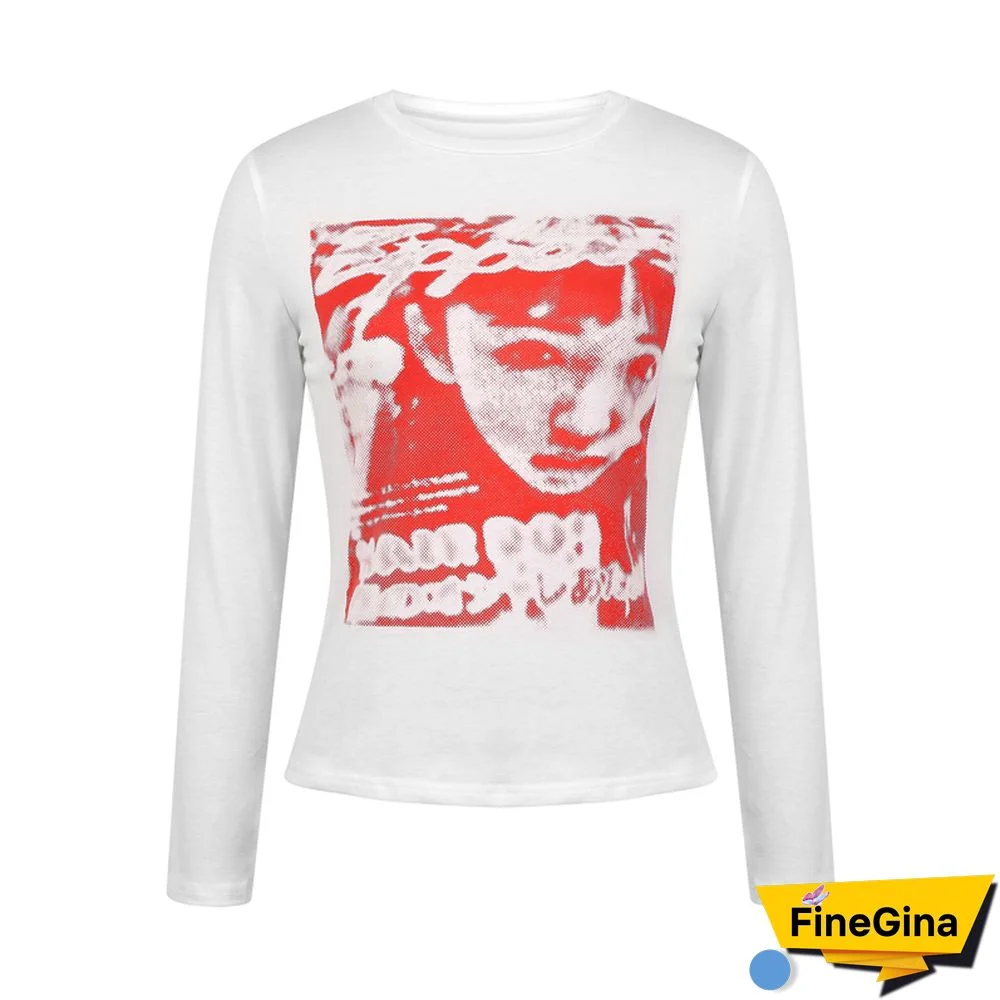 Gothic Portrait Print T-shirt Aesthetic Short Sleevle Sweats Tees Harajuku Streetwear White Crop Top Women Clothes