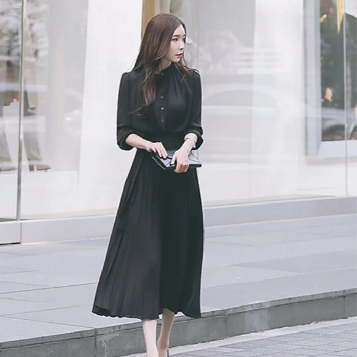 New Summer Pleated Sexy Bodycon Long Dress Women Vintage Chiffon Long Sleeve Party Dress Casual Vestidos Woman Bow Belt Clothing