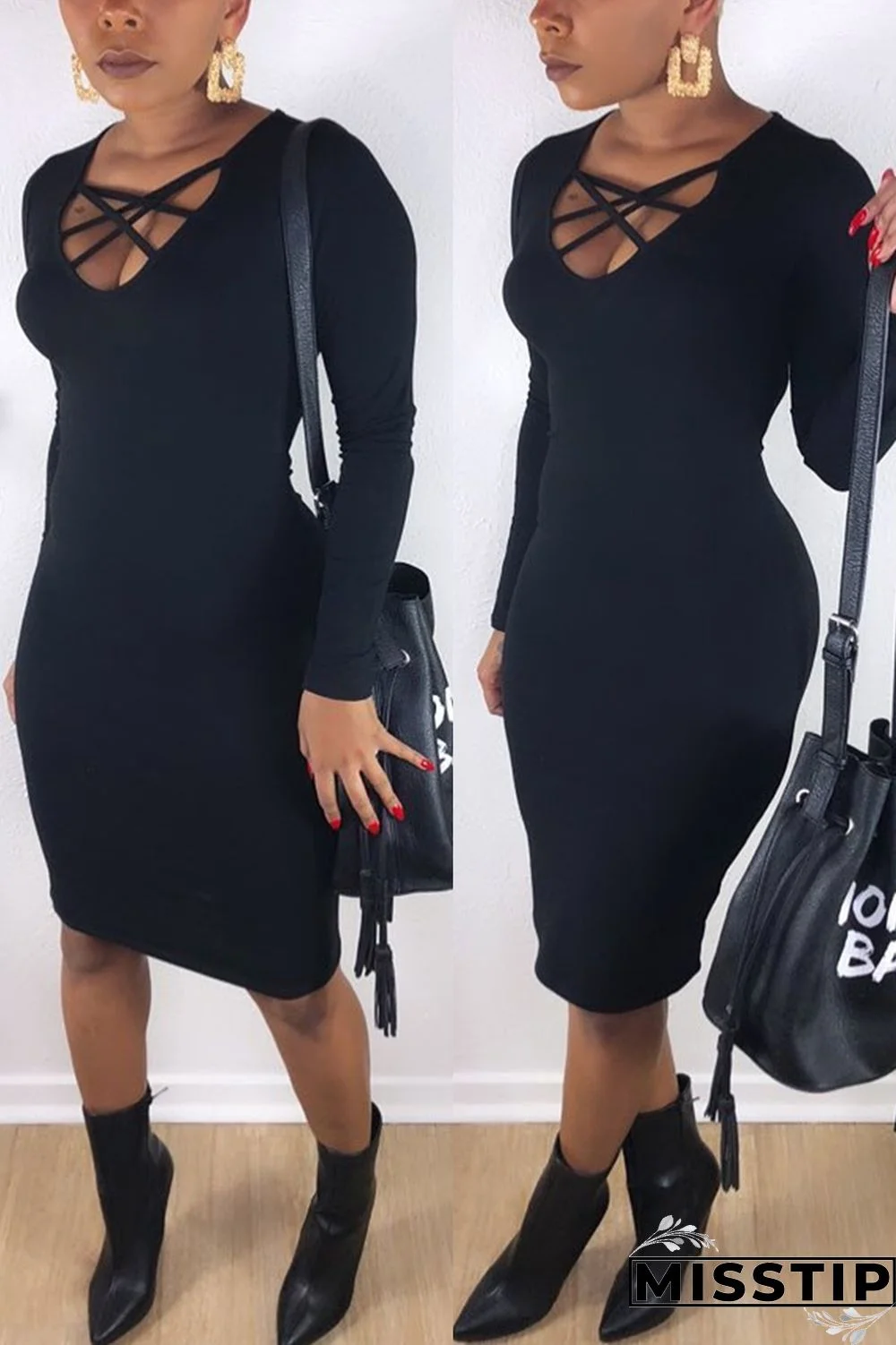 Black Fashion Sexy Long Sleeve Slim Dress