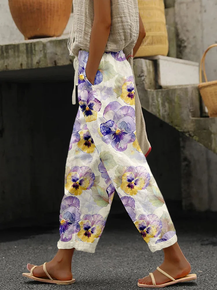 Utbros Purple Watercolor Pansy Flower Art Linen Blend Casual Pants
