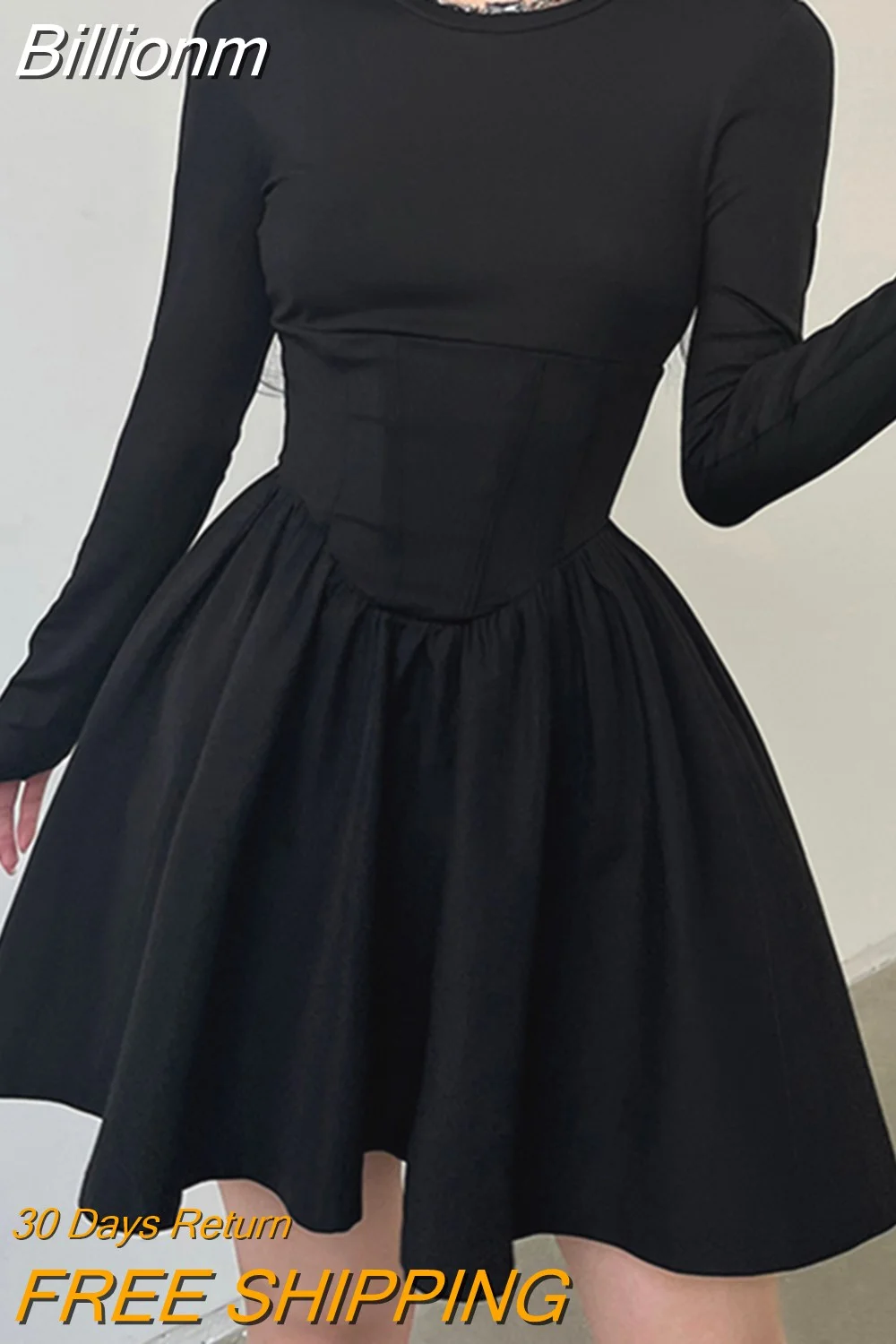 Billionm Korean Clothes Long Sleeve Corset Black Dress Female Solid Basic O Neck Fashion Autumn Dress Pleated Slim Elegant New