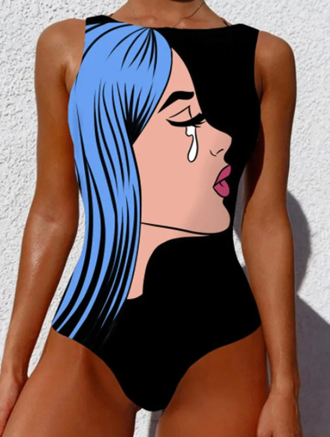 Graffiti Abstract Print Wide Strap High Neck Backless Swimsuit