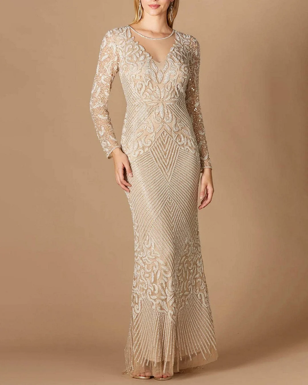 Women's Round Neck Long Sleeve Embroidered Mesh Dress