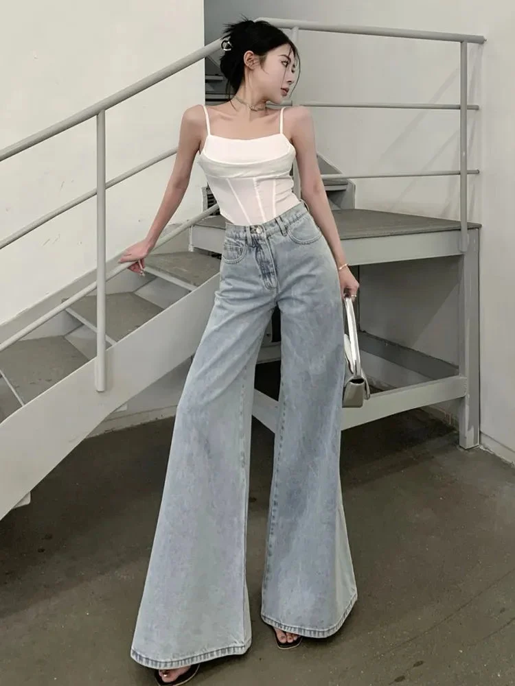 Huiketi Loose Women Jeans High Waist Korean Causal Ladies Wide Leg Denim Pants Fashion Simple Female Baggy Trousers