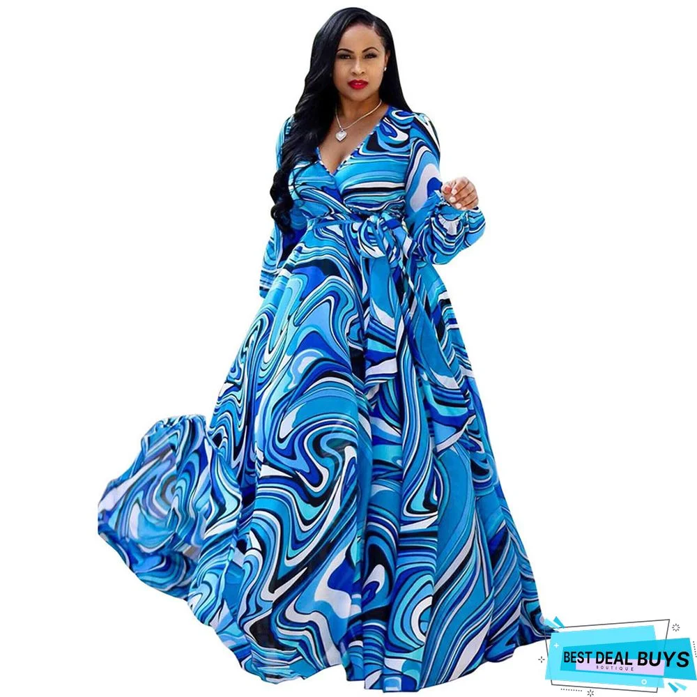 Chiffon Printed Long-Sleeved Dress with Lined Waistband