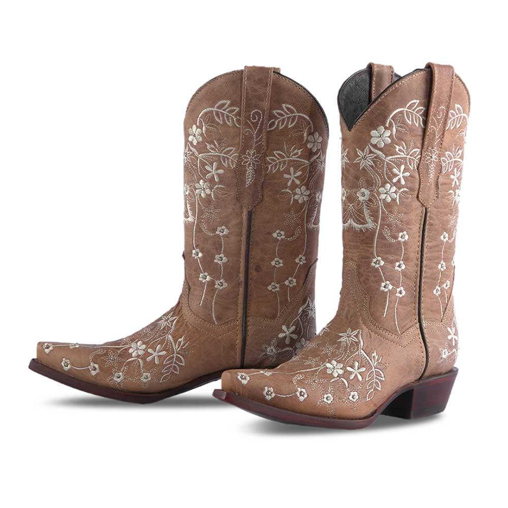 Tan Studs Flower Embroidered Snip Toe Mid-Calf Cowgirl Boots for Women Nicepairs