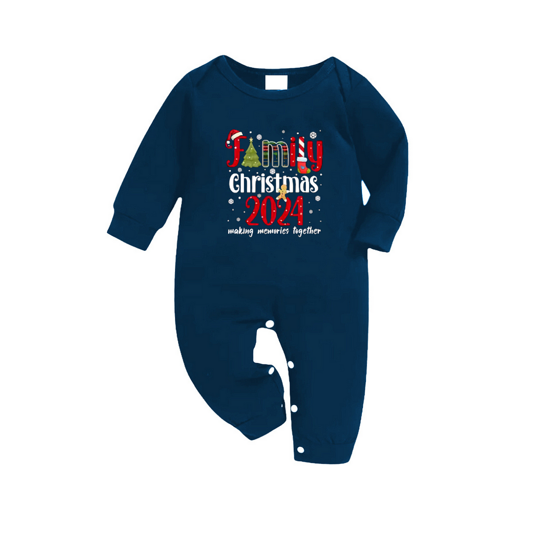 Snowflake and "Family Christmas 2024" Printed Blue Plaid Christmas Matching Pajamas