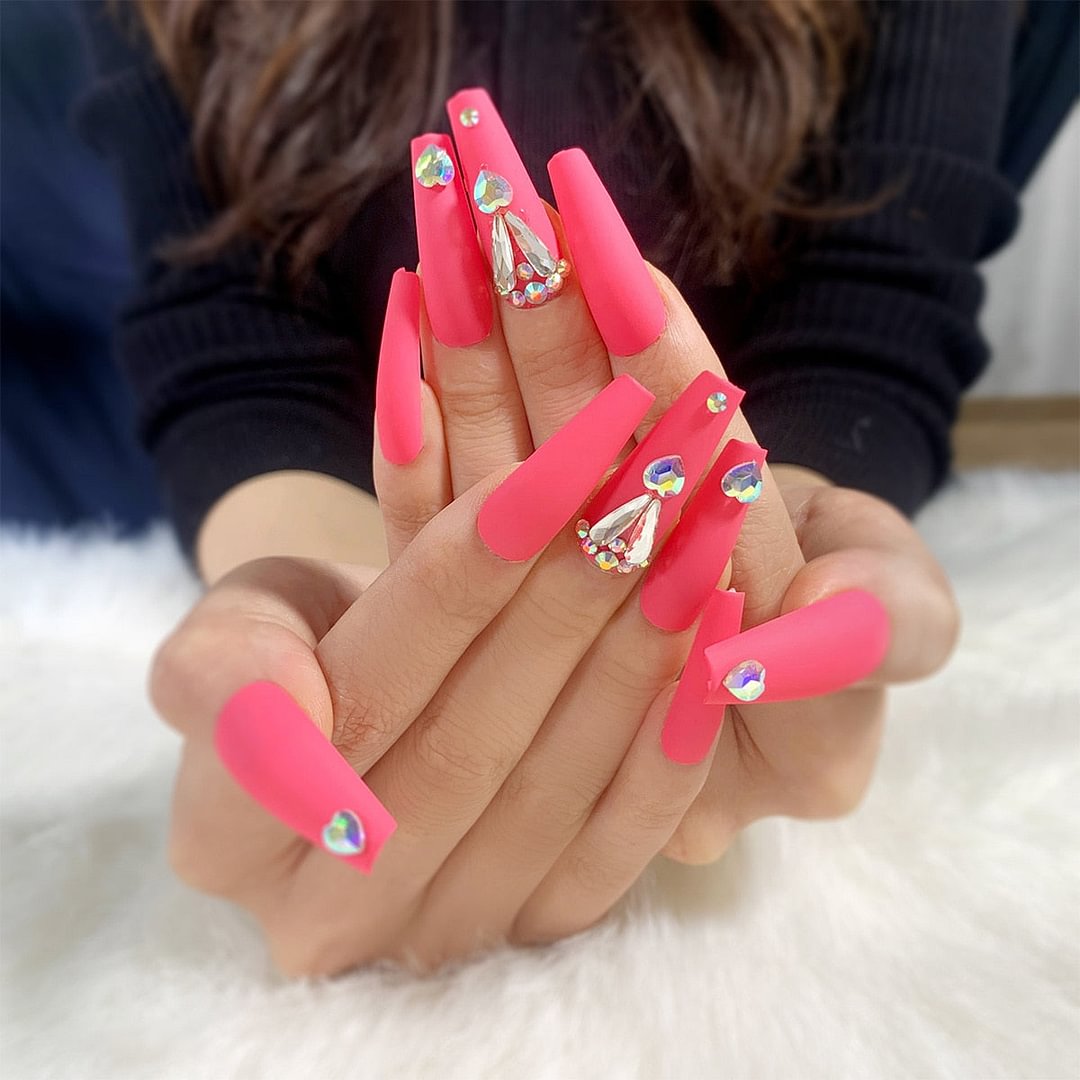 24pcs Fluorescent Pink Fake Nails Full cover Fake Nails Glue DIY Manicure Nail Art Tools