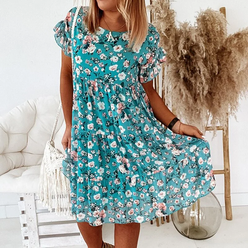 Boho Floral Dress Women Summer Flower Mini Dresses Female Print Short Sleeve A-Line Ruffles Loosed Dress Ladies Beach Vestidos
