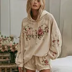 Women's Floral Embroidery Art Cozy Hooded Sweatshirt - Image 2