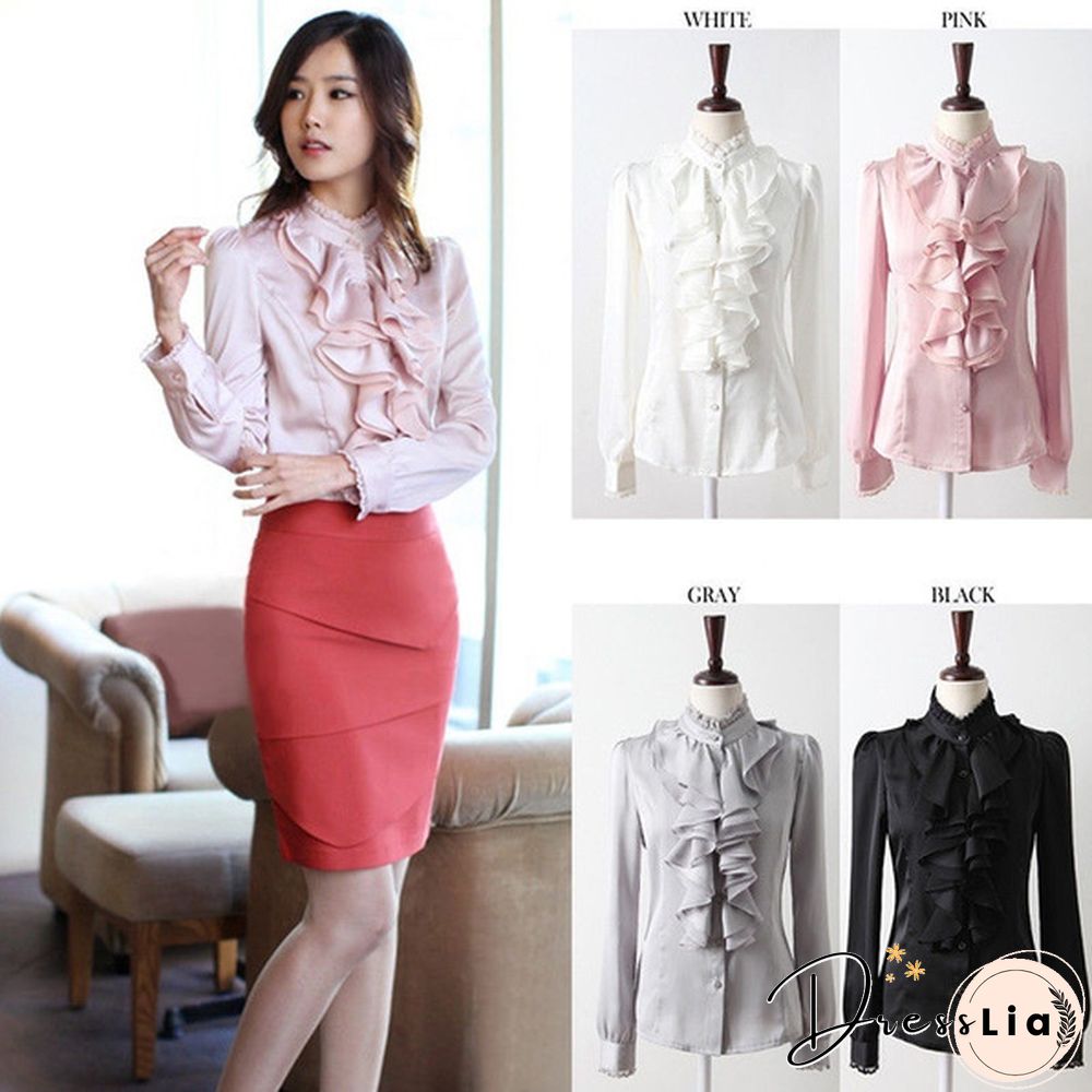Womens Satin Silk-like Long Sleeve Office Slim Shirt Frill Drape Ruffle Trim Stand Collar Blouse Top