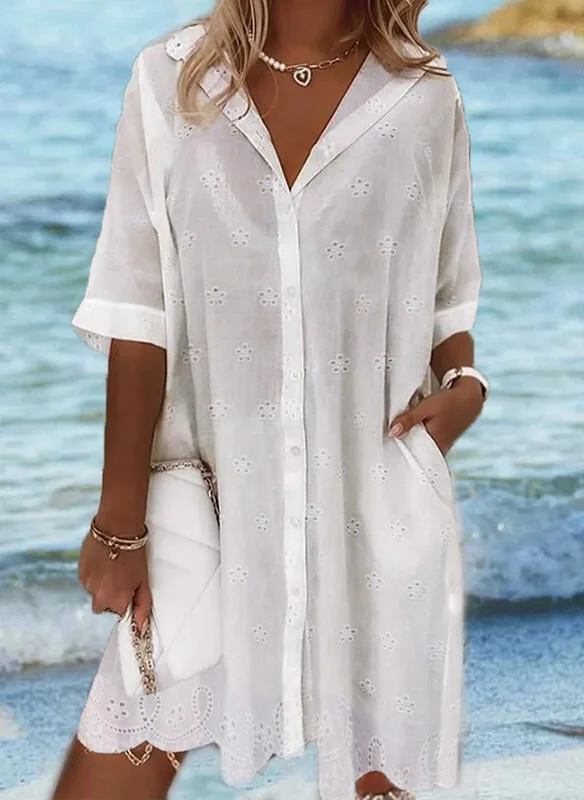 Women's Lace Hollow Beach Cotton Linen Shirt Dress socialshop