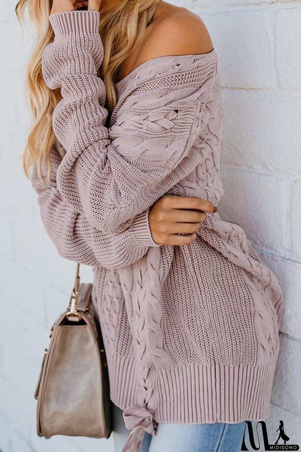 MidiSono - Love Letters Cable Knit Lace Up Sweater