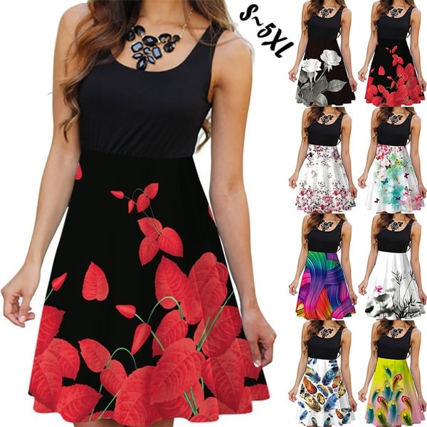 New Summer Women Round Neck Dress Casual Sleeveless Dress Floral Printed Dress Slim Flower Dress Plus Size - Chicaggo