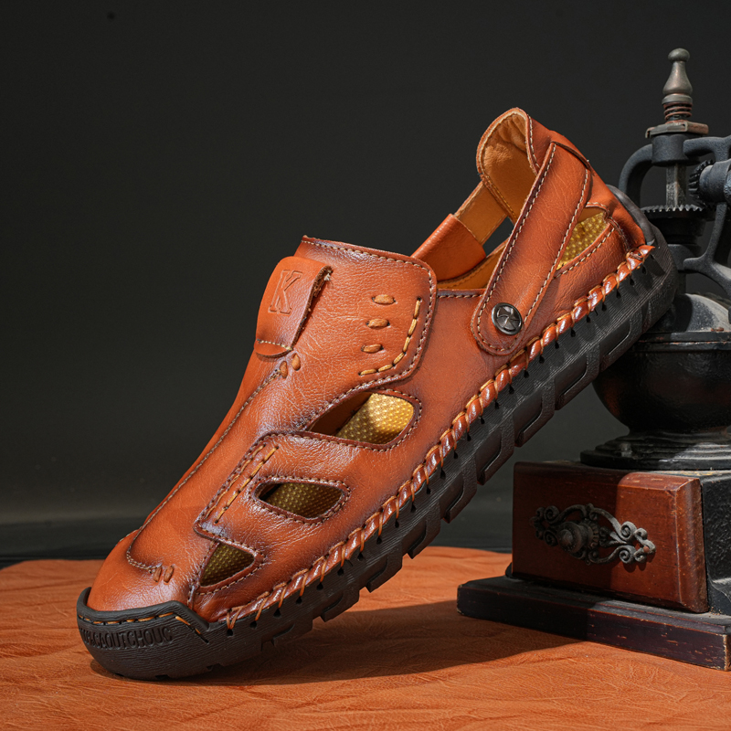 Men's Genuine Leather Hollow-Out Slip-On Sandals | ARKGET