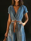 Women's V-Neck Retro Lace-Up Pocket Long-Sleeved Wide-Leg Denim Jumpsuit by Inlyline