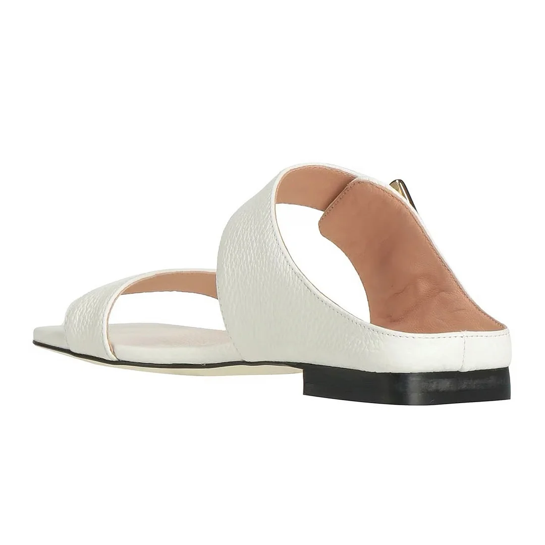 Classic White Square Toe Flat Women's Mules Shoes with Buckle