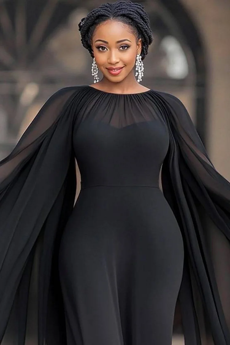 Xpluswear Design Plus Size Formal Black Round Neck Flare Pocket Vintage Chiffon Jumpsuits [Pre-Order]