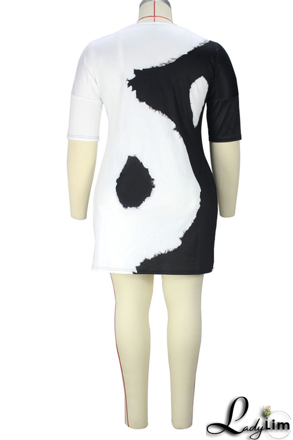 Black White Casual Print Patchwork O Neck Straight Plus Size Dresses