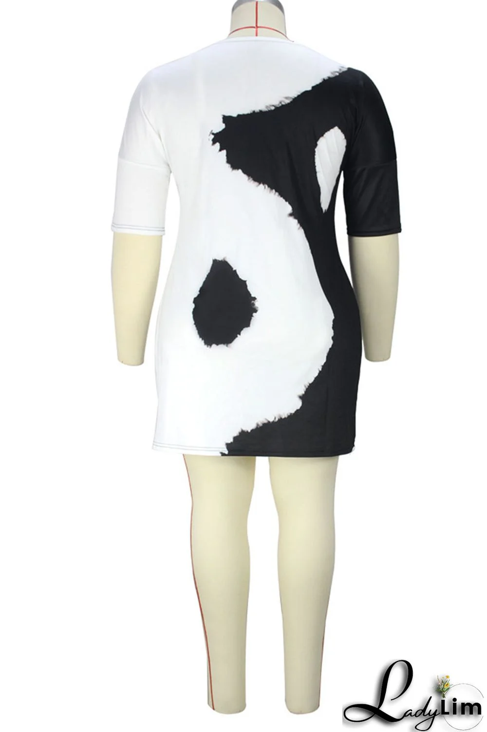 Black White Casual Print Patchwork O Neck Straight Plus Size Dresses