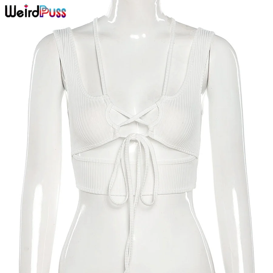 Weird Puss Sexy Hollow Cyber Y2K Tank Tops Women Solid Bandage Vest Sling Ribbed Summer Party Clubwear Stretchy Skinny Outfits
